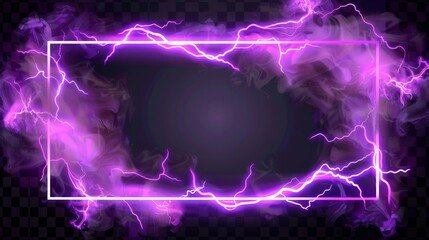 Isolated on transparent background, a neon purple toxic smoke object is decorated with lightning discharges and neon purple toxic smoke. An illustration of a rectangular border glowing in darkness is