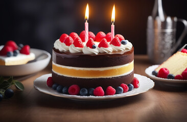 Birthday chocolate cake decorated with berries and candles. Celebration set on the table - obrazy, fototapety, plakaty