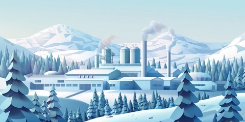 A snowy landscape with a factory in the background