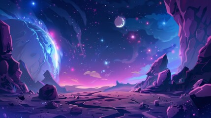 This illustration of a blue galaxy sky with gas giant and moon and ground surface with rocks depicts the landscape of an alien planet with craters and lighted cracks. The illustration was created