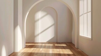 Interior of an empty room with an arch entrance. Modern realistic illustration of a living room with wooden floor, shadows from a window on the wall, and sun light shining through a window.