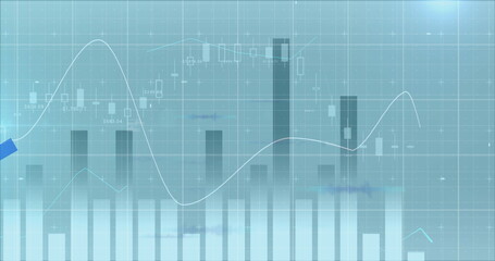 Image of financial data processing overgrid on blue background