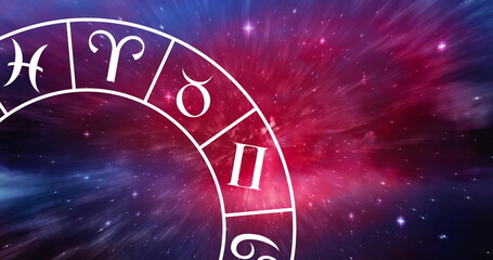Naklejka premium Composition of capricorn star sign symbol in spinning zodiac wheel over glowing stars
