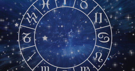 Composition of aries star sign symbol in spinning zodiac wheel over glowing stars