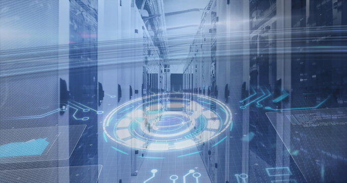 Image of scope scanning and data processing over tech room with computer servers