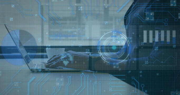 Image of scope scanning and data processing over woman using laptop and checking time