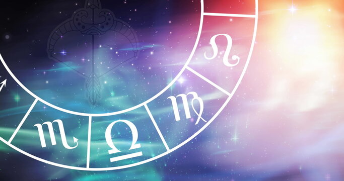Composition of sagittarius star sign symbol in spinning zodiac wheel over glowing stars