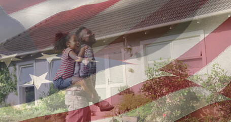 Image of flag of united states of america over african american father and daughter having fun