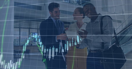 Image of data processing over diverse business people talking