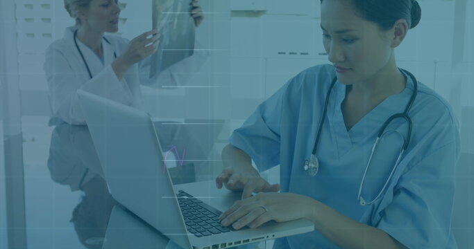 Image of data processing over two diverse female doctors