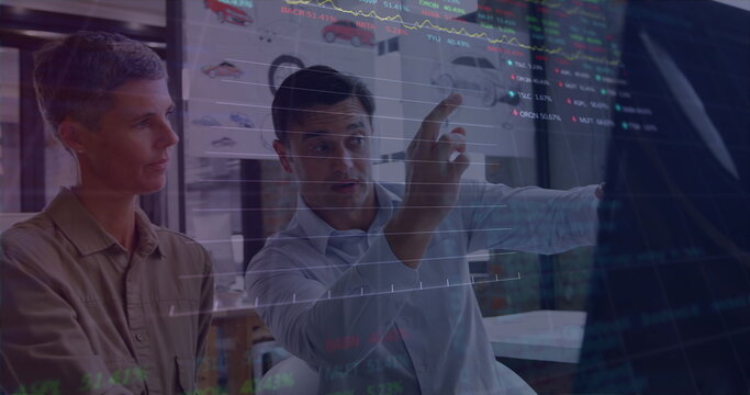 Image of stock market data processing over two diverse male engineers discussing over car model