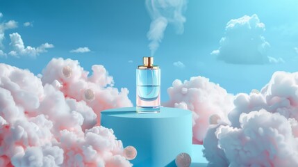 This mock up banner shows a spray bottle of perfume on a podium with clouds in the sky. The bottle is shown on a blue background with a glass flask. Scent fragrance cosmetic product promotion - obrazy, fototapety, plakaty