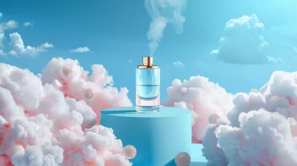 Fotobehang This mock up banner shows a spray bottle of perfume on a podium with clouds in the sky. The bottle is shown on a blue background with a glass flask. Scent fragrance cosmetic product promotion © Mark