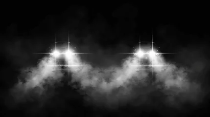 Poster White car headlight beam top view isolated on dark transparent background. Smoky or foggy effect at night with vapor clouds. © Mark