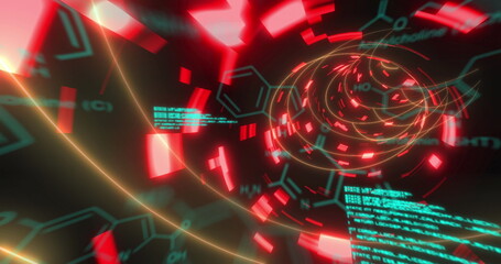 Image of data processing and chemical formulas over black background with neon lights