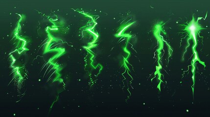 A set of magic sparking effects, electric impact effects, a modern realistic illustration of green lightning discharges on a transparent background. - obrazy, fototapety, plakaty