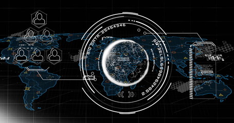 Image of scope scanning over globe of network of connections scope scanning and data processing