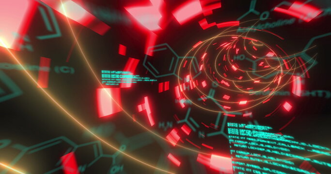 Image of data processing and chemical formulas over black background with neon lights - Powered by Adobe