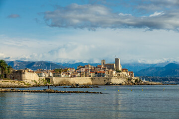 View of the rampart walls and the old town of Antibes on the French Riviera in the South of France