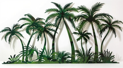Obraz premium This is an illustration of cutout palm trees in the shape of green metal on white background. The art style features tropical rainforest vegetation, and the scene includes silhouettes of tall trees wi