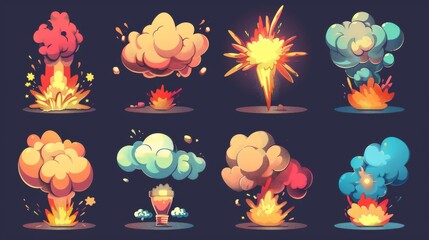 Naklejka premium Isolated modern icons of a cartoon dynamite explosion with smoke and boom clouds. Atomic comics detonators for animations for mobile phones, isolated modern icons for UI design. Dangerous explosive