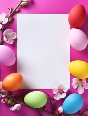 Easter holiday border and frame template. Happy Easter Day. Elegant egg and paper blank in center. Beautiful flower. Branding mock up, holiday marketing concept. soft color background