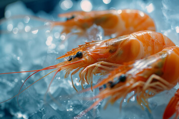 shrimps on ice on seafood market