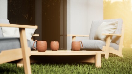 Fototapeta premium design and furniture in modern patio. 3d render