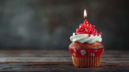 Celebratory birthday cupcake with candle.