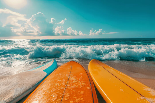 Three surfboards are laying on the beach, with one of them being yellow. The ocean is in the background, and the sky is blue. relax. Surfboards on the beach. Panoramic banner. vacation concept
