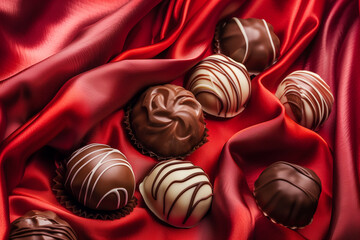 Obraz na płótnie Canvas tasty chocolates praline on red silk background