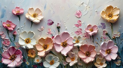 Oil impasto painting of colorful flowers on canvas. Beautiful abstract macro knife painting...