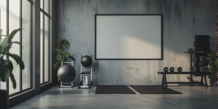 A gym with a white wall and a black and white ball