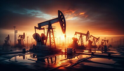 Oil pumps at an oil field in the sunset light. Industrial progress in the natural environment. Oil production. Economic ecological crisis