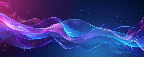 Futuristic abstract banner with vibrant wavy shapes in blue and purple, evoking a retro wave feel on a sleek background. - obrazy, fototapety, plakaty