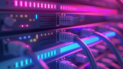 Detailed view of a modern network server with glowing blue Ethernet cables and switches