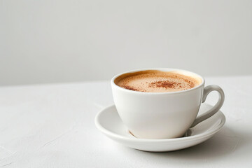 Cup of cappuccino coffee with foam on white table