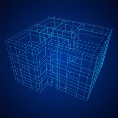 Architecture building. Modern house plan. Wireframe low poly mesh.
