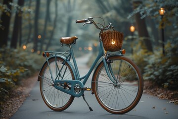 A serene blue vintage style bicycle with basket on a calm forest path - obrazy, fototapety, plakaty