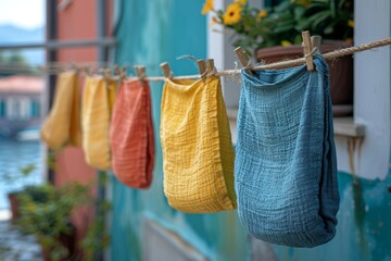 Vibrant kitchen towels hanging on a clothesline against a rustic teal window and colorful house facade