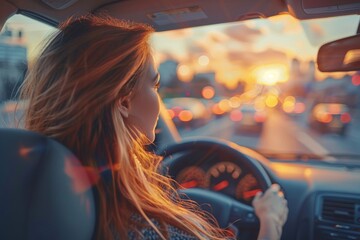 An obscured woman's silhouette driving a car focused on the road as the sun sets in the background - obrazy, fototapety, plakaty