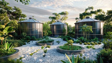 Rainwater harvesting system in the garden with barrel, ecological concept for plants watering, reusing water concept.