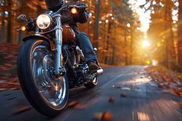 A close-up of a classic motorcycle riding on a serene forest road adorned with fall foliage and the golden glow of the setting sun