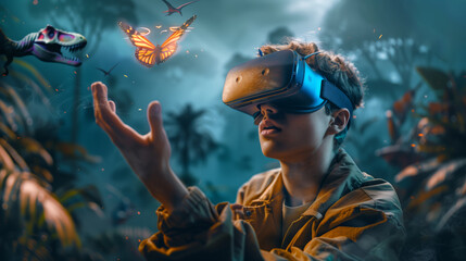 A guy wearing virtual reality goggles immersed in a world before historical dinosaurs reaches out...