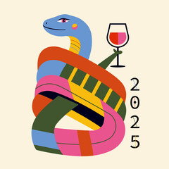 Vector abstract illustration with snake and wine glass. 2025 new year celebration poster, greeting card template. - 757999789