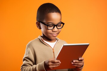 Smiling Boy with Glasses Using Tablet on Solid Orange Background. Generative AI.
