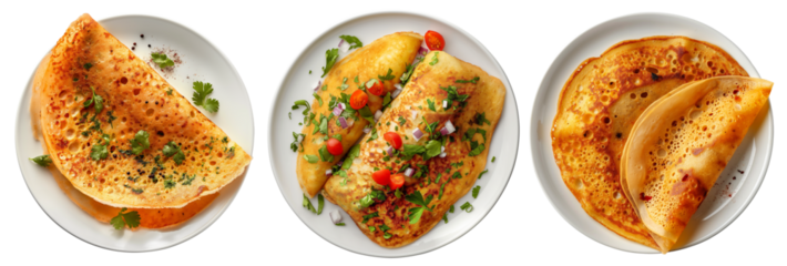 Set of Masala Dosa in plate with garnish isolated top view on transparent background, png, cutout, Indian Traditional Breakfast Food