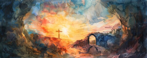 Watercolor depiction of an empty tomb with shroud and crucifix at sunrise, symbolizing Jesus Christ's resurrection.