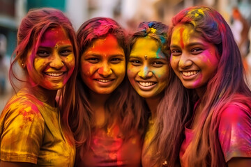 Fototapeta premium Friends sharing joy at the Holi festival.Group of friends sharing joyful moments during Holi, with vivid colors symbolizing the festival's spirit. Ideal for cultural and friendship themes.