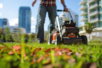 Low angle view of man using lawn mower at park in front of modern buildings. Urban greenery maintenance concept.